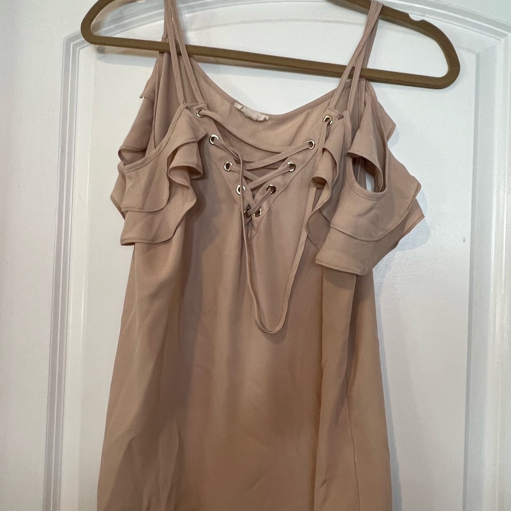 Beige Cold Shoulder Top with Lace-Up Detail